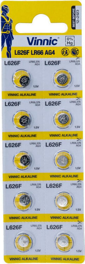 A blister pack of Vinnic L626F alkaline button cell batteries.