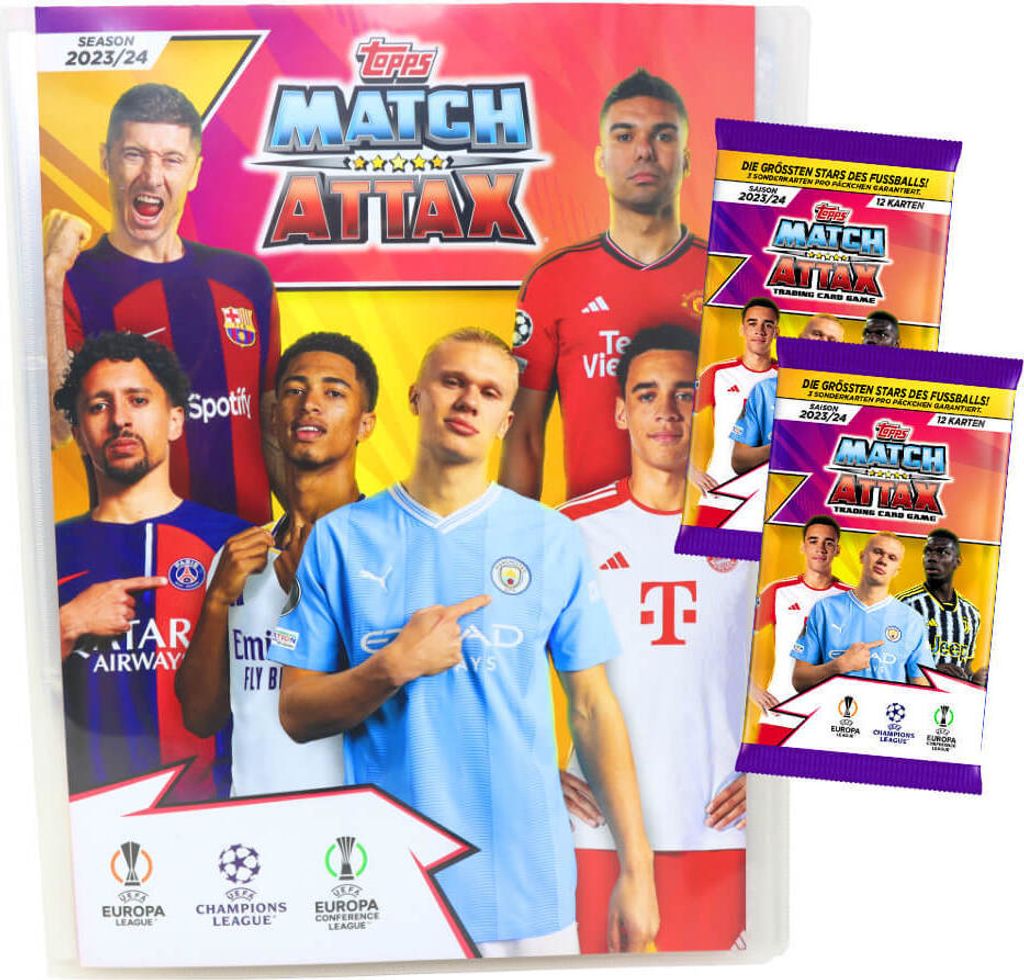 Topps Match Attax Karten Champions League 2023-2024 - 1 Mappe + 2 Booster Sammelkarten