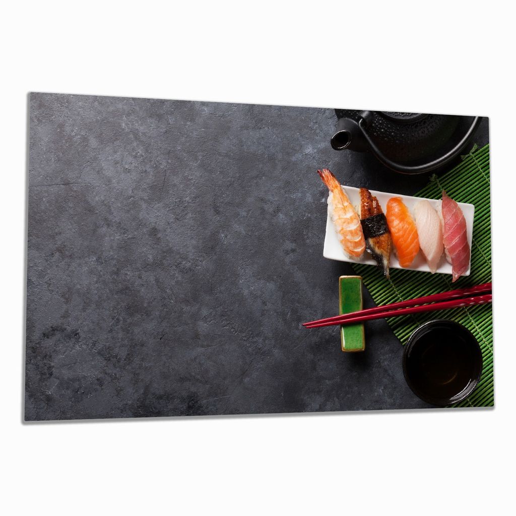 Wallario Herdabdeckplatte aus Glas, Größe 80 x 52 cm 1-teilig, Motiv Sushimenu auf Schiefer - Nigiri mit grünem Tee
