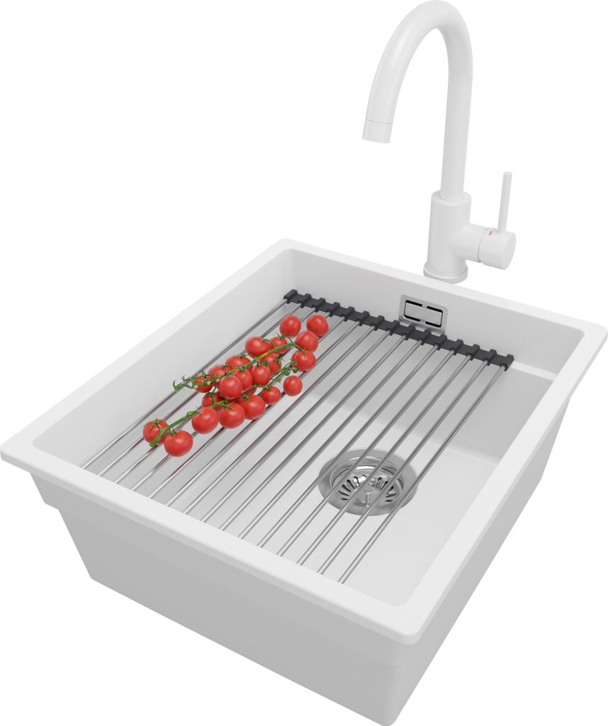 PRIMAGRAN Granitspüle Weiß 41x47cm, Spülbecken 1 Becken + Küchenarmatur 32x20cm + Ablauf-Set + Küchenzubehörset, Küchenspüle ab 45er Unters...