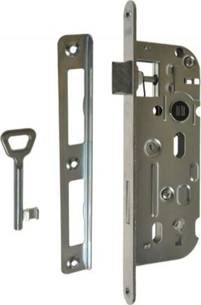 A lock mechanism and a key are laid out on a white background.