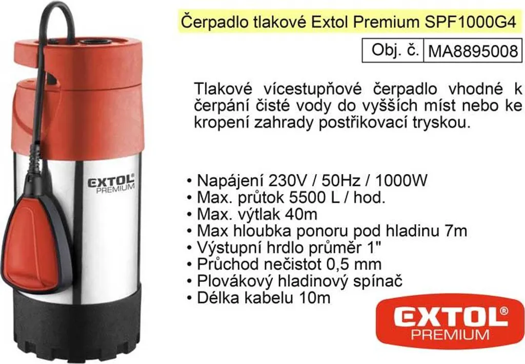 Pompe à eau immergée pour arrosage de jardin 1000W Extol 5500 l/h max