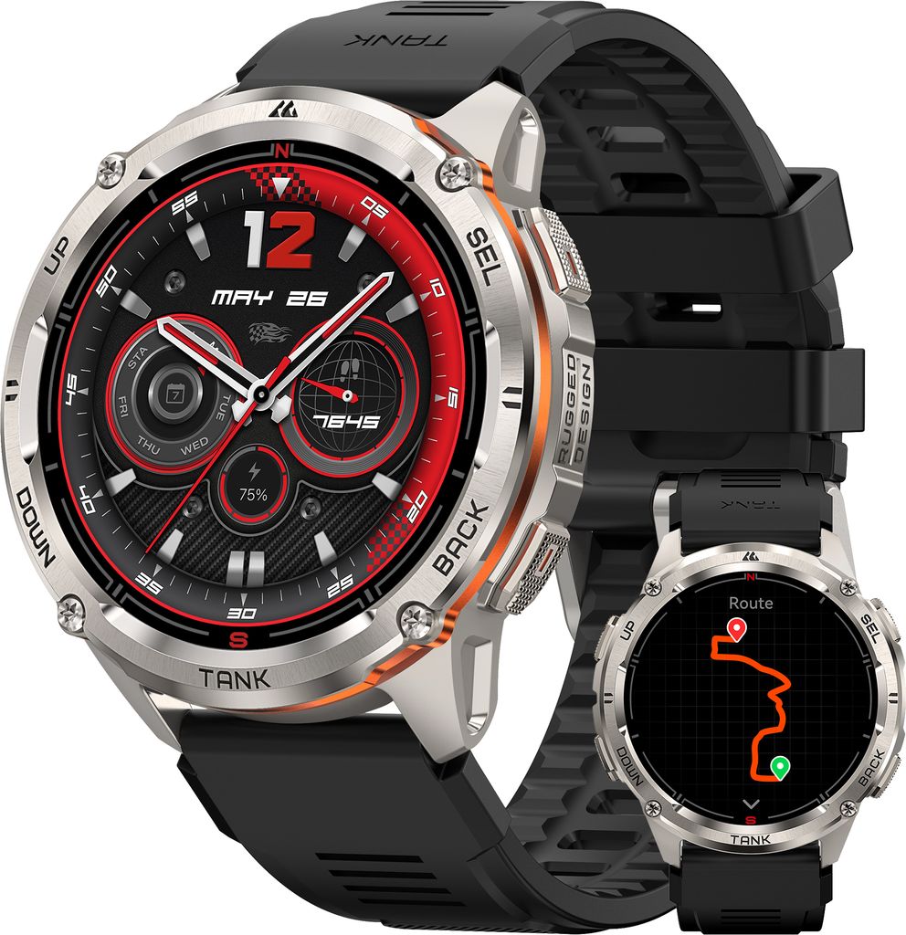 A close-up studio shot of two smartwatches, one larger and in focus, the other smaller and slightly out of focus.