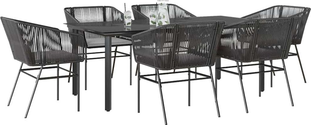 Möbel 7-tlg. Garten-Essgruppe mit Kissen Schwarz Poly Rattan Glas - Gartenmöbelgarnituren 3334616