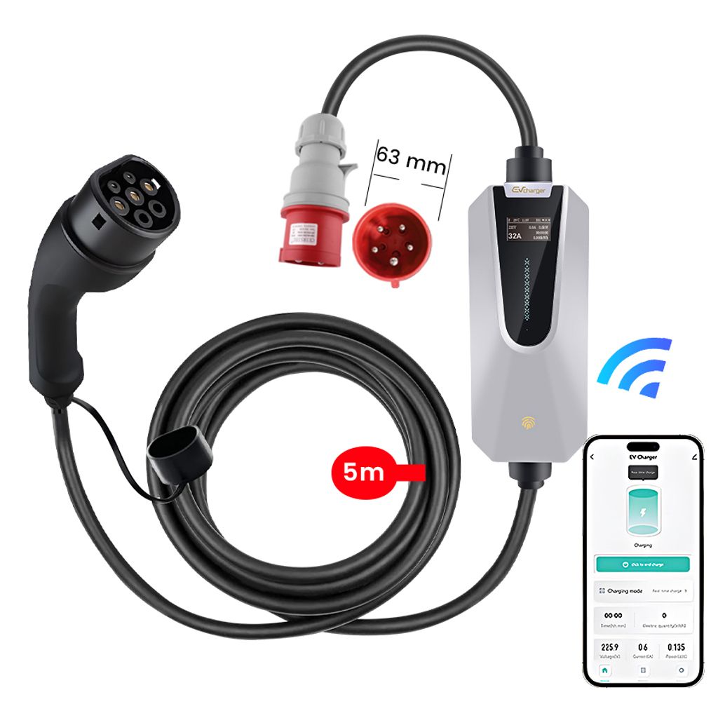 EV Ladekabel Typ 2 32A 22KW , EV-Ladegerät mit CEE-Stecker, 5M Portable Mobile Wallbox für Elektrofahrzeuge Mit WIFI/APP Steuerung Einstellbarer ...