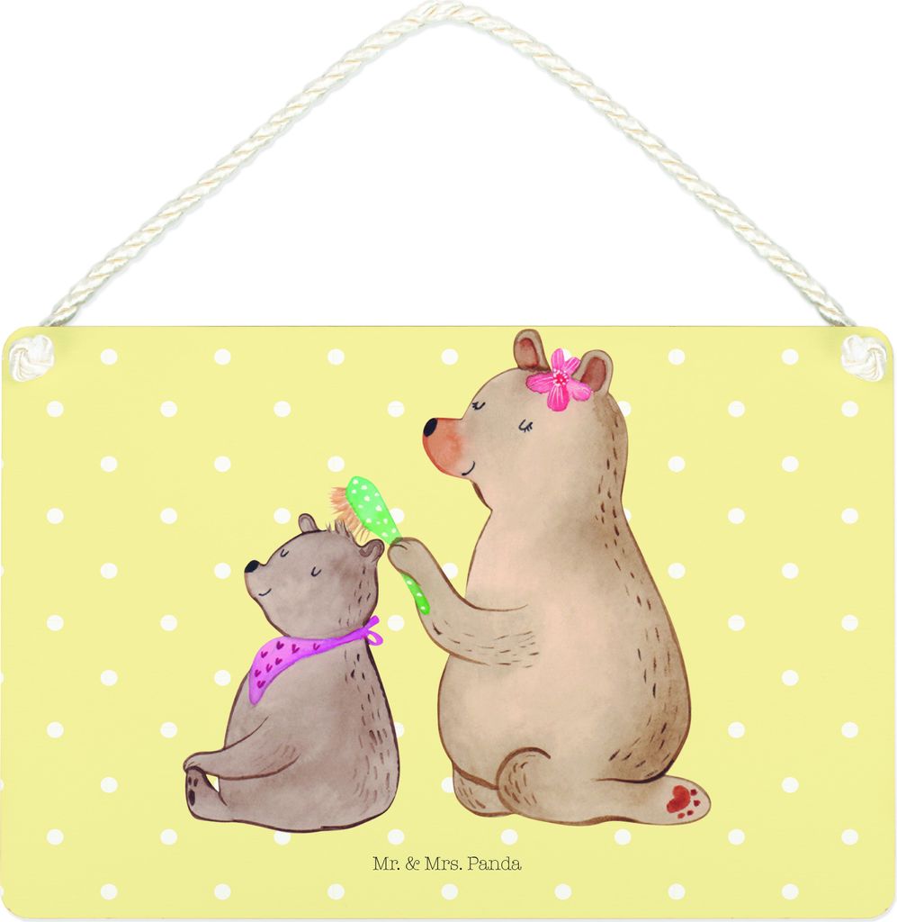 Mr. & Mrs. Panda Schild Bär Kind DIN A4 - Gelb Pastell - Geschenk, holzbild, Familie, Wandbild Holz, Mutter, Muttertag, Holzschild, Mama, Türschi...