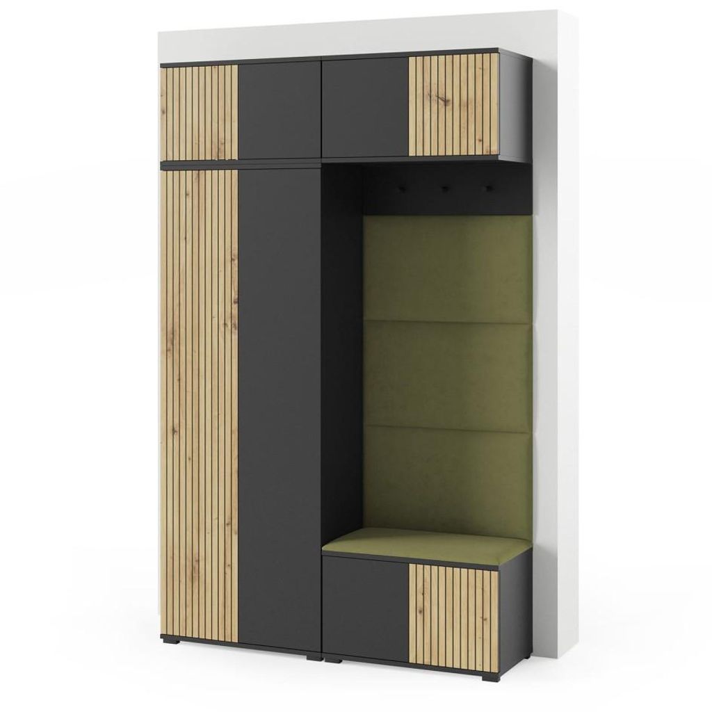 Garderoben-Set Rosario Version 3 mit Lamellen, Kleiderschrank mit Polsterplatten und Schuhschrank (Schwarz / Eiche Artisan, Trinity 27)