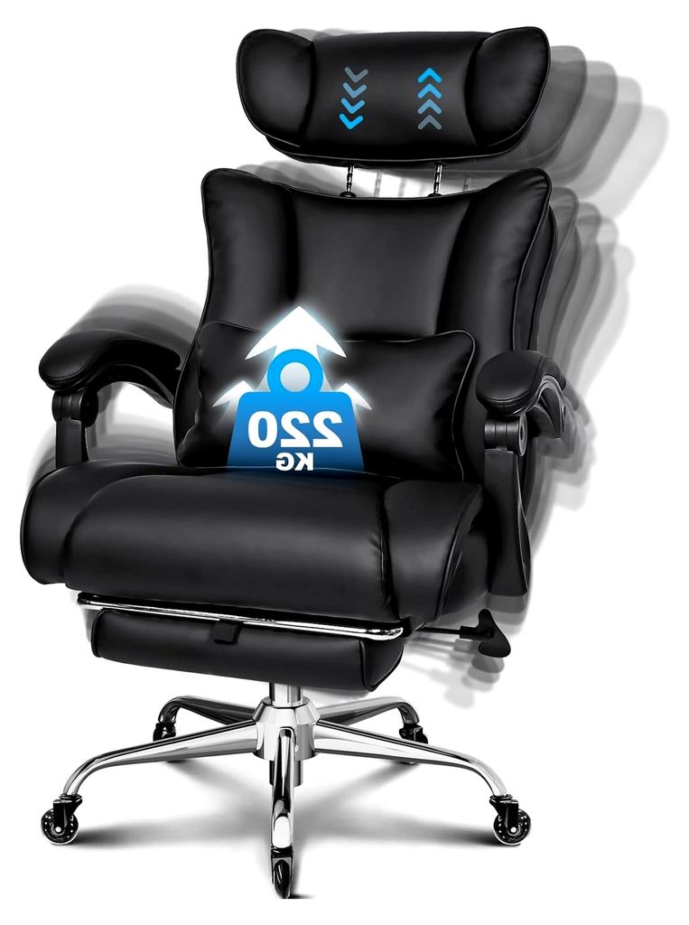 Bürostuhl bis 200 kg, Chefsessel mit 4-stufiger Gasdruckfeder, 3D Armlehnen, verstellbarer Lendenstütze und Kopfstütze, leise Gummirollen, XXL b...