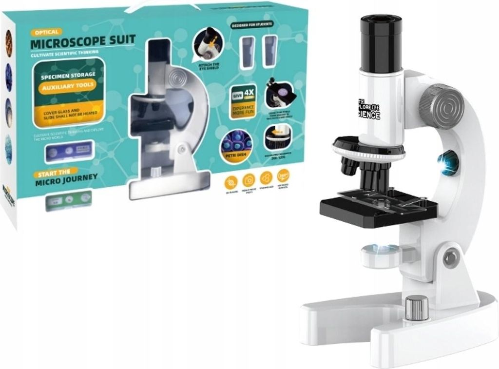 A product box for a children's microscope set is shown next to the actual microscope.
