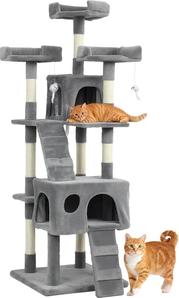 Grand arbre à chat multi-niveaux gris avec griffoirs et hamacs de repos