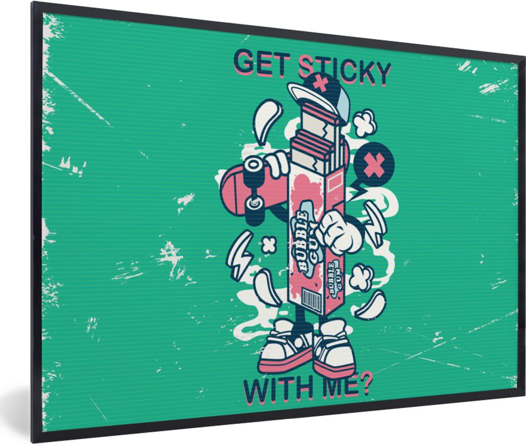 MuchoWow MuchoWow Gerahmtes Poster Jahrgang - Kaugummi - Skateboard 30x20 cm - Poster mit zchwarzem Bilderrahmen - Kunstdruck - Bild-Poster