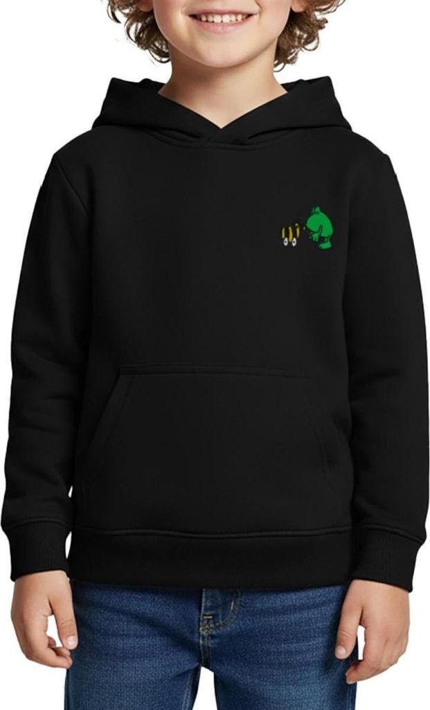 Spreadshirt Janosch Frosch & Tigerente Kuss Stick Kinder Premium Hoodie, 134/140 (8 Jahre), Schwarz