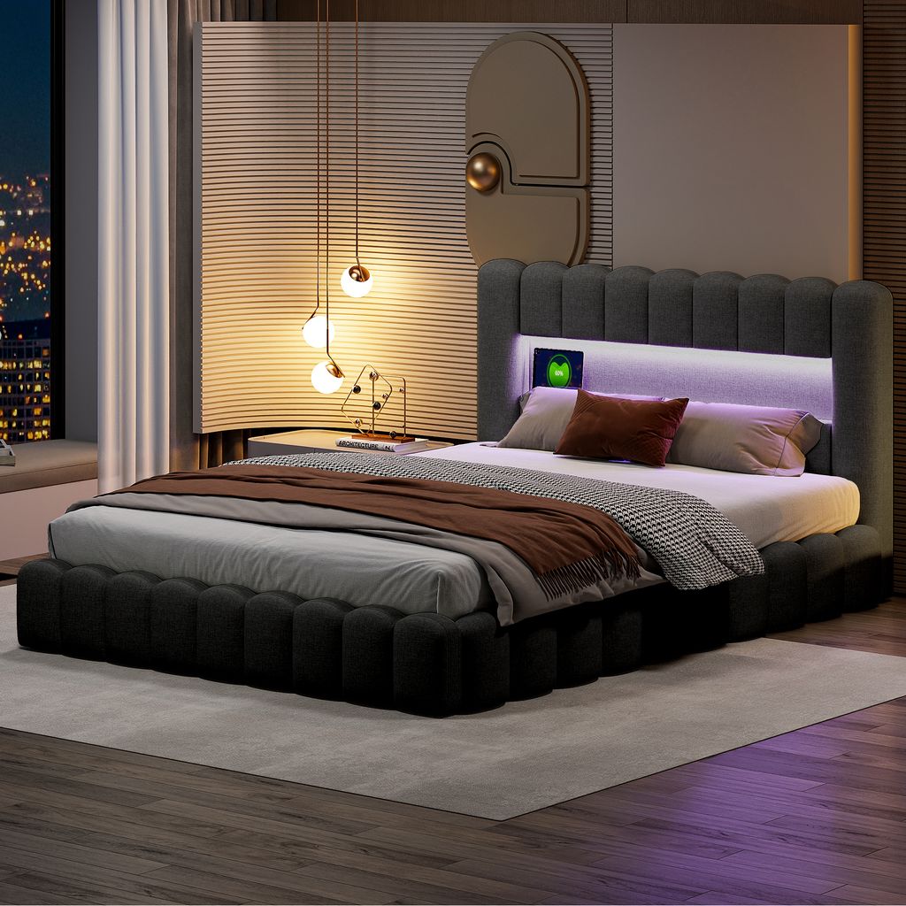 140 x 200 cm großes Bett mit LED-Kopfteil, Polsterbett mit Stauraum, Bettwäsche, Grau
