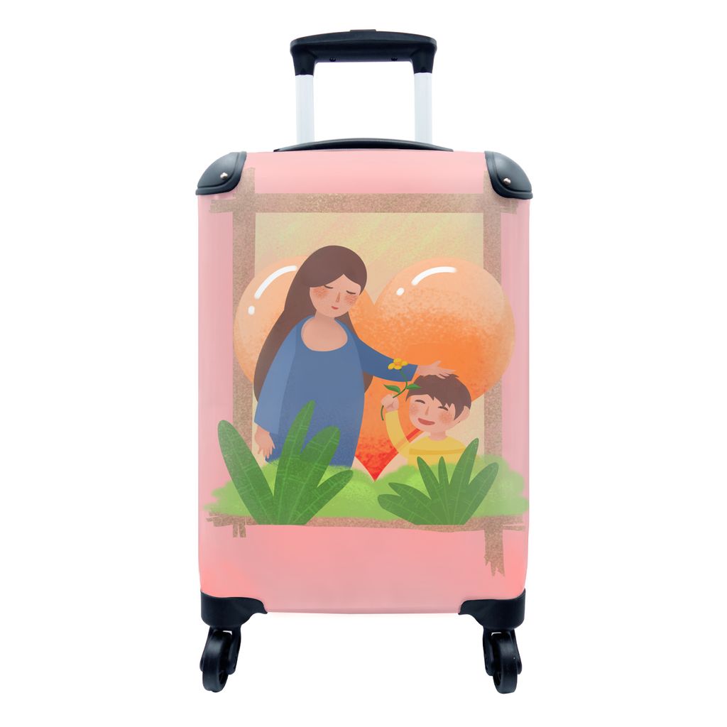 MuchoWow Koffer Handgepäck Trolley Rollkoffer Kleine Reisekoffer mit 4 Rollen - Mutter und Kind Illustration mit Herz - Cabin Size < 55x40x23 cm...