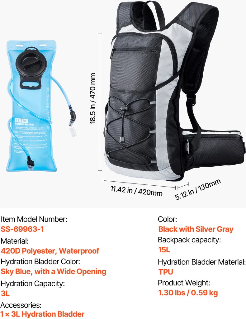 Poche D’hydratation 1,5 L / 2 L / 3 L – Réservoir TPU Sans BPA, Tuyau Isolé, Connecteur Rapide, Grande Ouverture, Pour Vélo, Randonnée, Running, Escalade