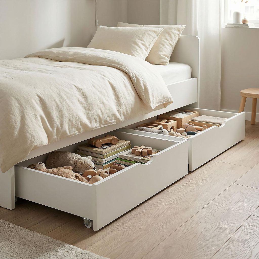 Homestyle4u Bettkasten 2er Set Holz Aufbewahrung mit Rollen Bett Schublade Bettauszug Weiß