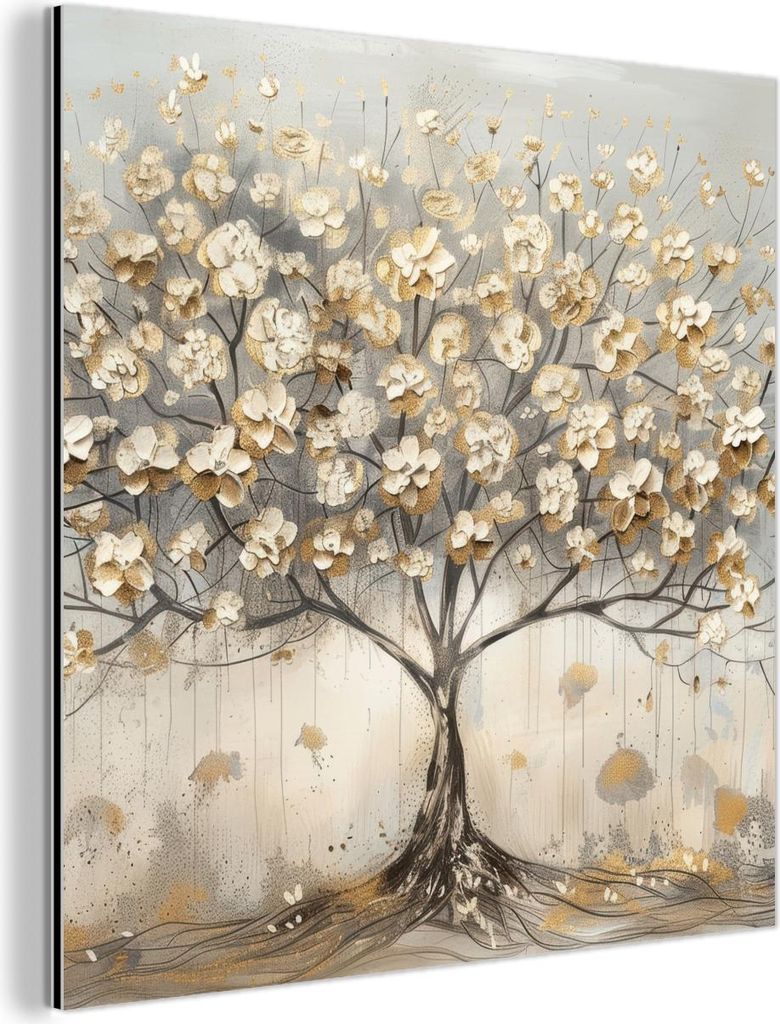 MuchoWow Wanddekoration Metall Metallbild Wandkunst 20x20 cm Baum - Beige - Gold - - Grau MuchoWow Aluminium Gemälde - Alu Dibond Bilder