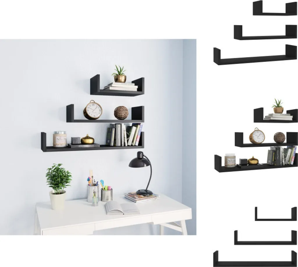 Étagère murale suspendue Noire 3 pièces en Bois composite robuste 15cm
