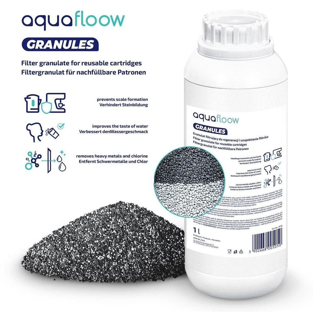 A product image displaying a bottle of filter granulate and a pile of the granulate itself, along with graphical representations of its benefits.