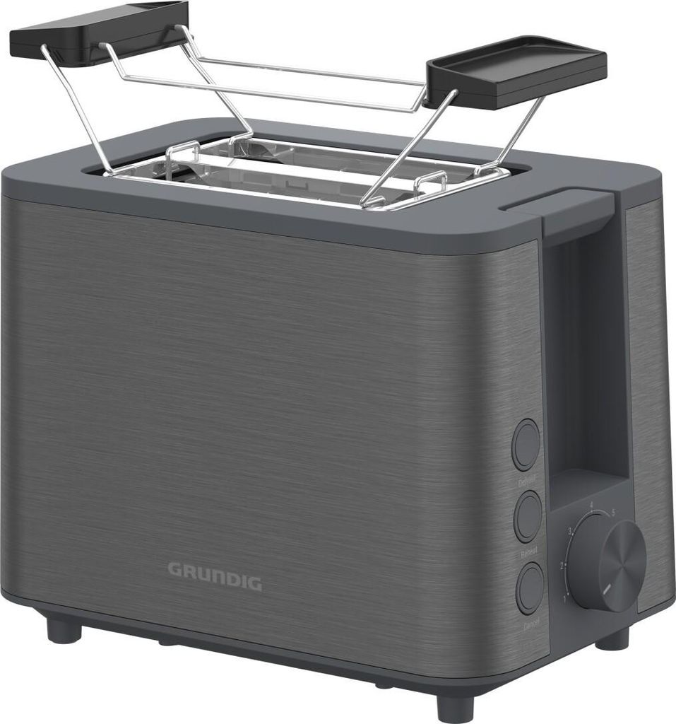 A studio shot of a dark gray toaster.