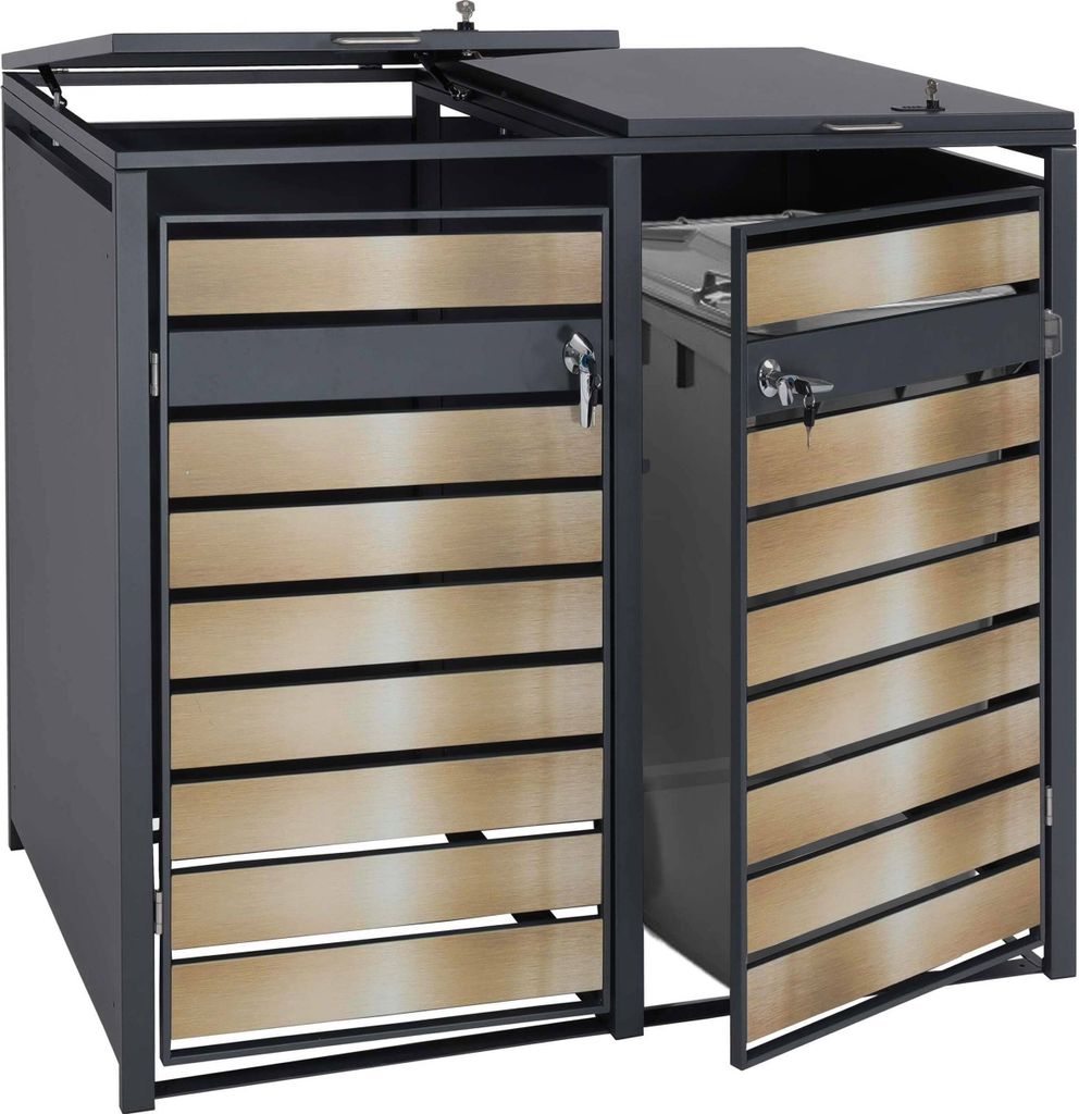 2er Mülltonnenverkleidung MCW-J81, Mülltonnenbox, erweiterbar, Metall 50kg, anthrazit gold