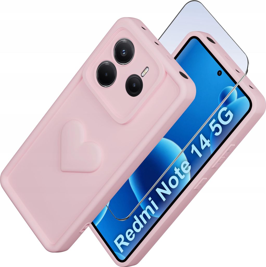 Etui für Xiaomi Redmi Note 14 5G aus mattem Silikon mit Herz + 9H-Glas