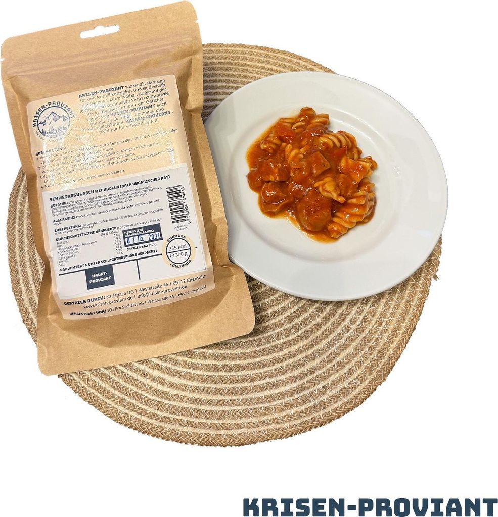 Krisen-Proviant - Schweinegulasch mit Nudeln Notvorrat/Notration 5 Jahre haltbar