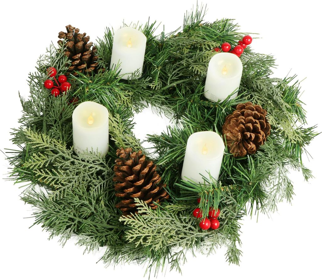 Künstlicher Adventskranz 40 cm mit 4 LED-Kerzen echten Zapfen und roten Beeren geschmückt
