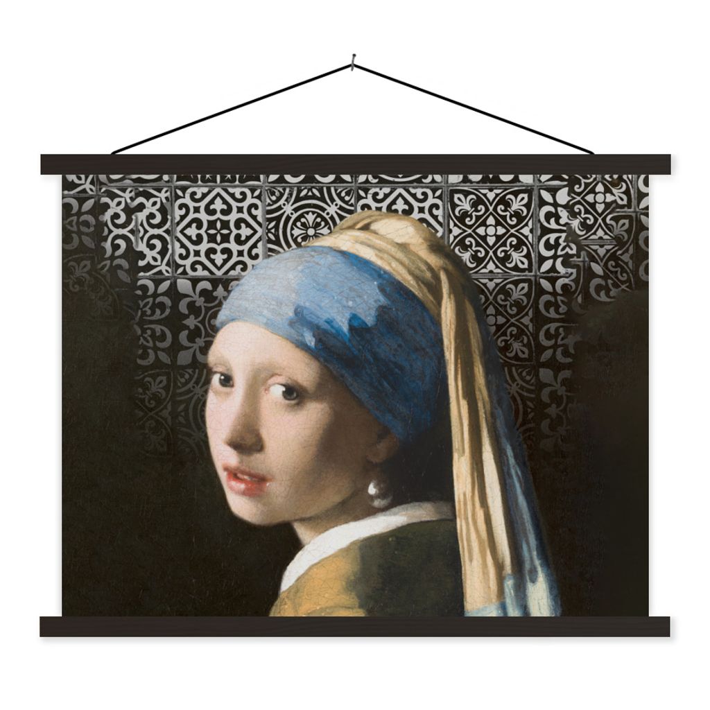 MuchoWow Textilposter Kunst - Mädchen mit Perlenohrring - Schwarz - Weiß 40x30 cm mit schwarzem Rahmen - Dekorationen