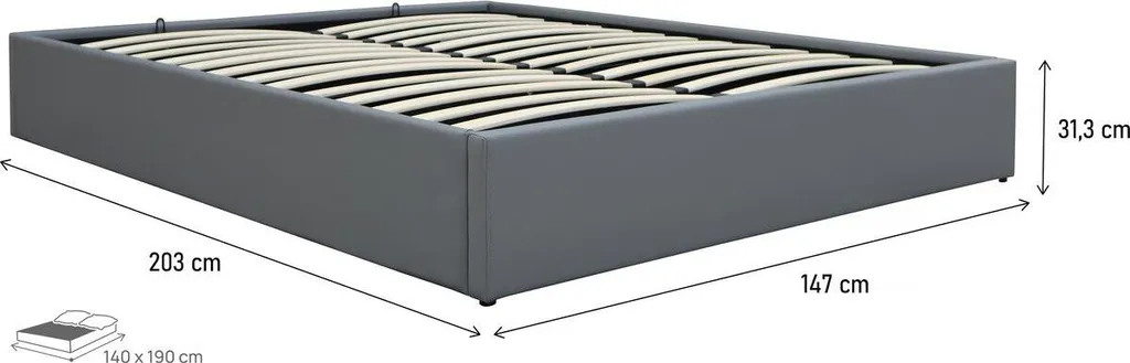 Lit coffre 2 places 140x190 cm Ava gris en similicuir pour adulte