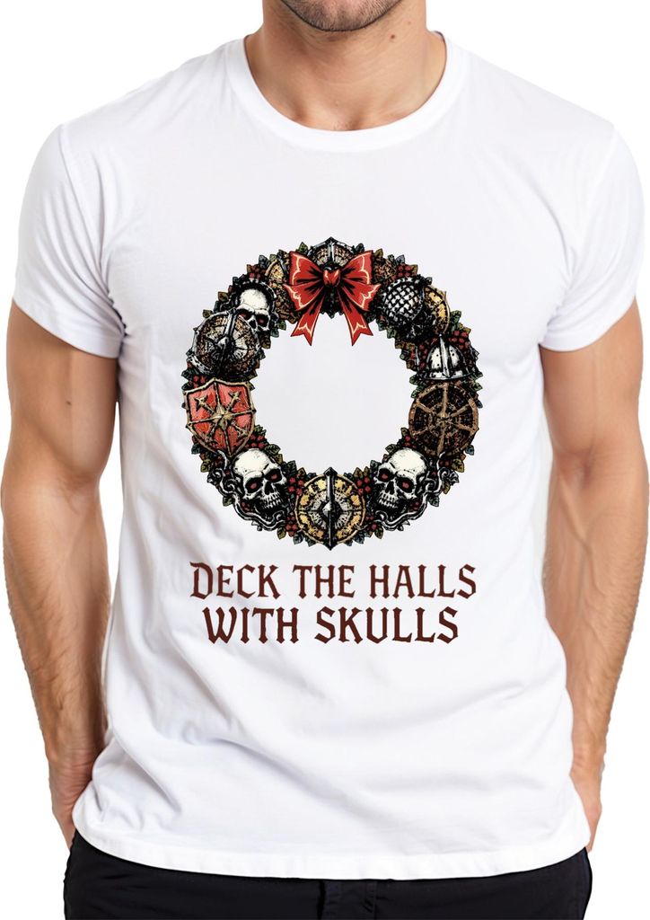Deck The Halls With Skulls Totenkopf Weihnachtskranz düster Herren T-Shirt, Weiß, S
