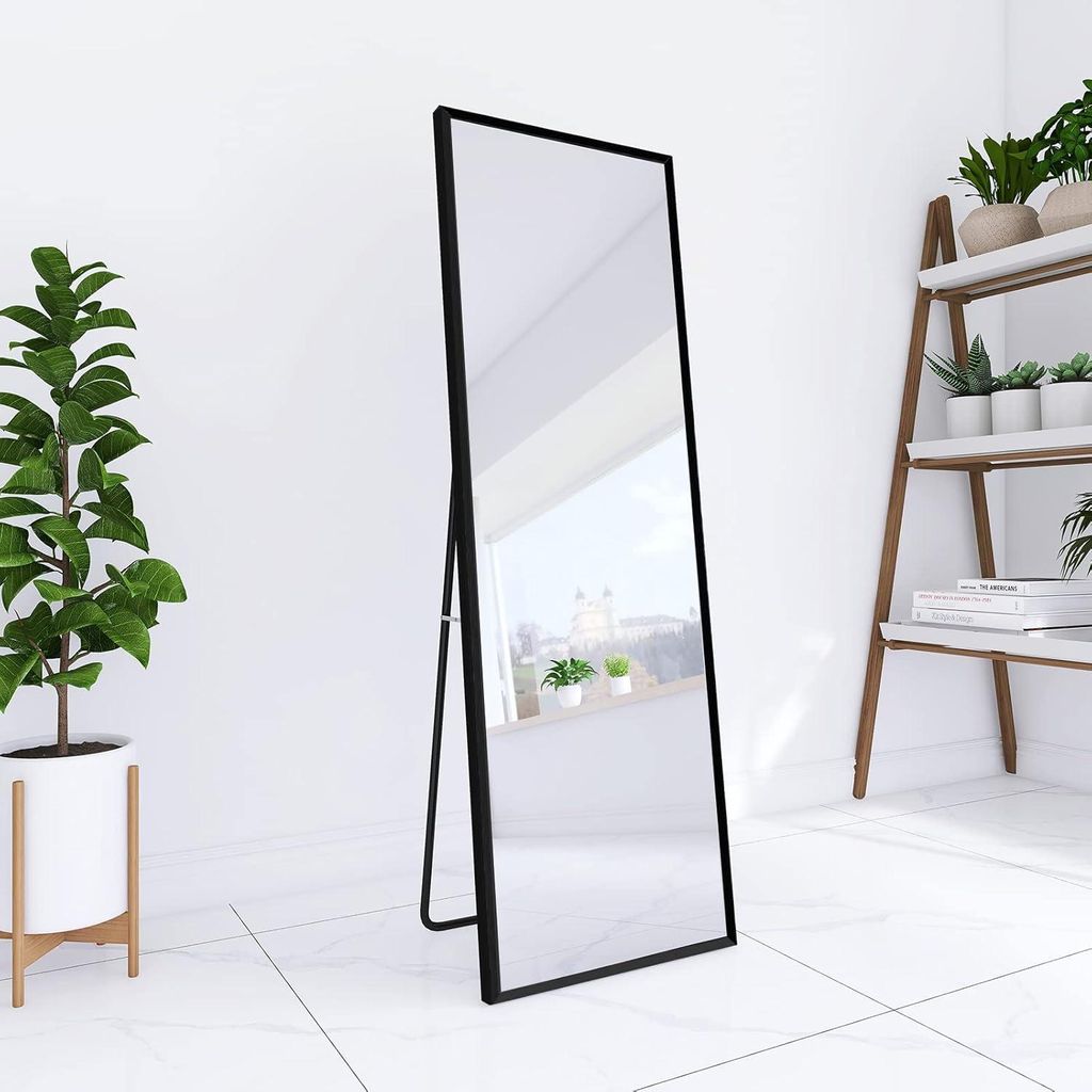 Ganzkörperspiegel 162 x 53 cm, freistehend, zur Wandmontage oder als großer Standspiegel mit schwarzem Aluminiumrahmen für Wohn- oder Schlafzimm...