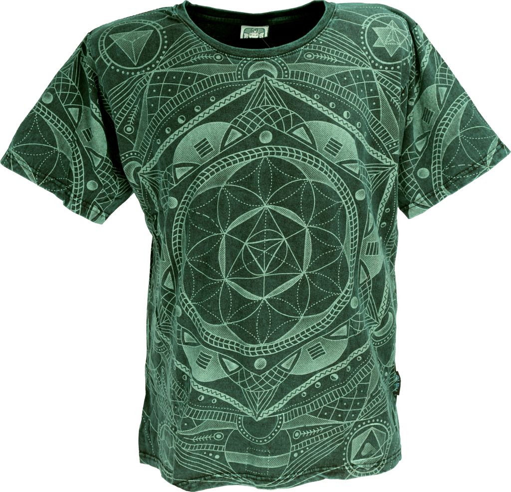 Tibet & Buddhist Art T-Shirt, Flower of Life Mandala Stonewash T-Shirt - Grün, Herren, Baumwolle, Größe: S
