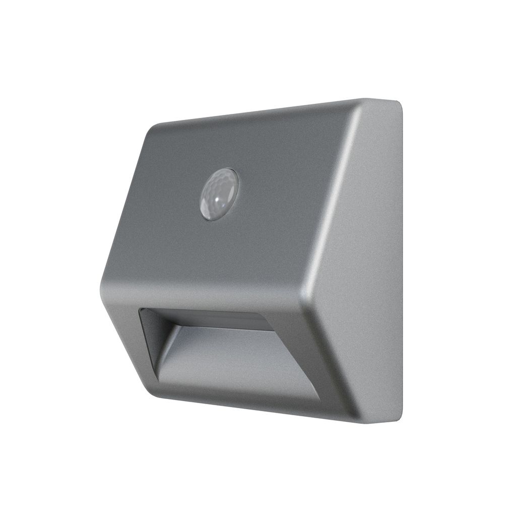 A close-up, studio shot of a gray LED battery-powered light fixture with a motion sensor.