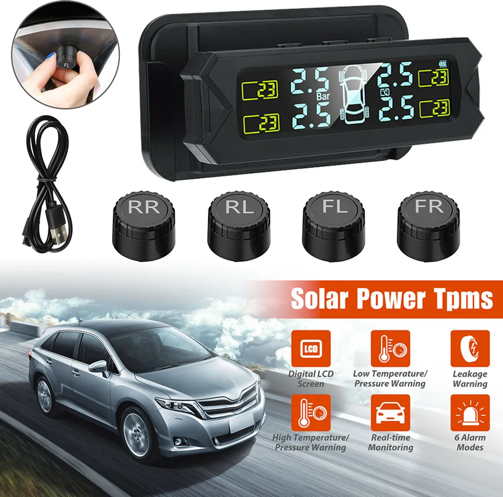 Auto Tpms Solar Wireless Tire Pressure Monitoring System Rilevamento della carica in tempo reale Monitor di facile installazione Nero - 1