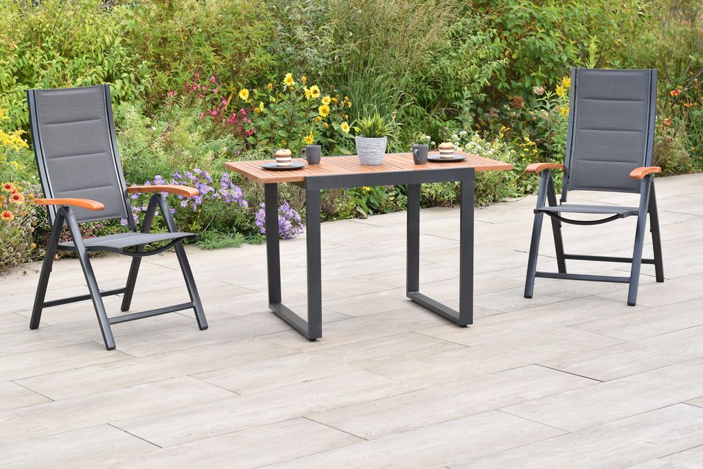 Merxx "Paxos" Gartenmöbel Set 3tlg., 2 Klappsessel, Balkonausziehtisch 80 (120) x 70 cm, Aluminium/Akazie/Textil