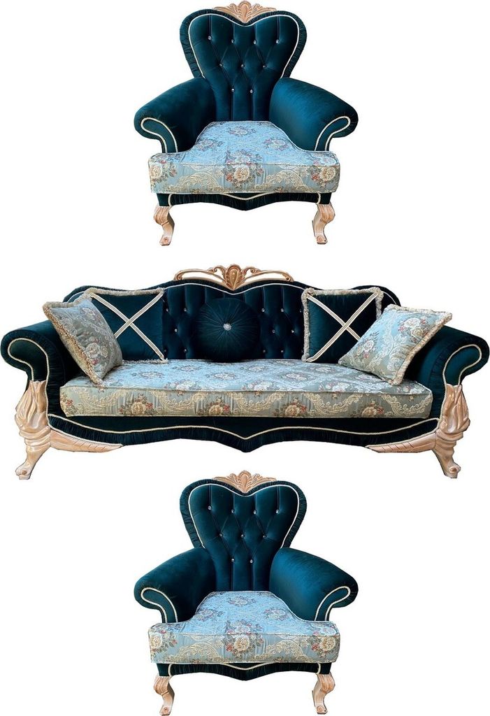 Casa Padrino Luxus Barock Wohnzimmer Set mit elegantem Blumenmuster und Glitzersteinen Türkis / Grün / Creme - 1 Sofa & 2 Sessel - Prunkvolle Bar...