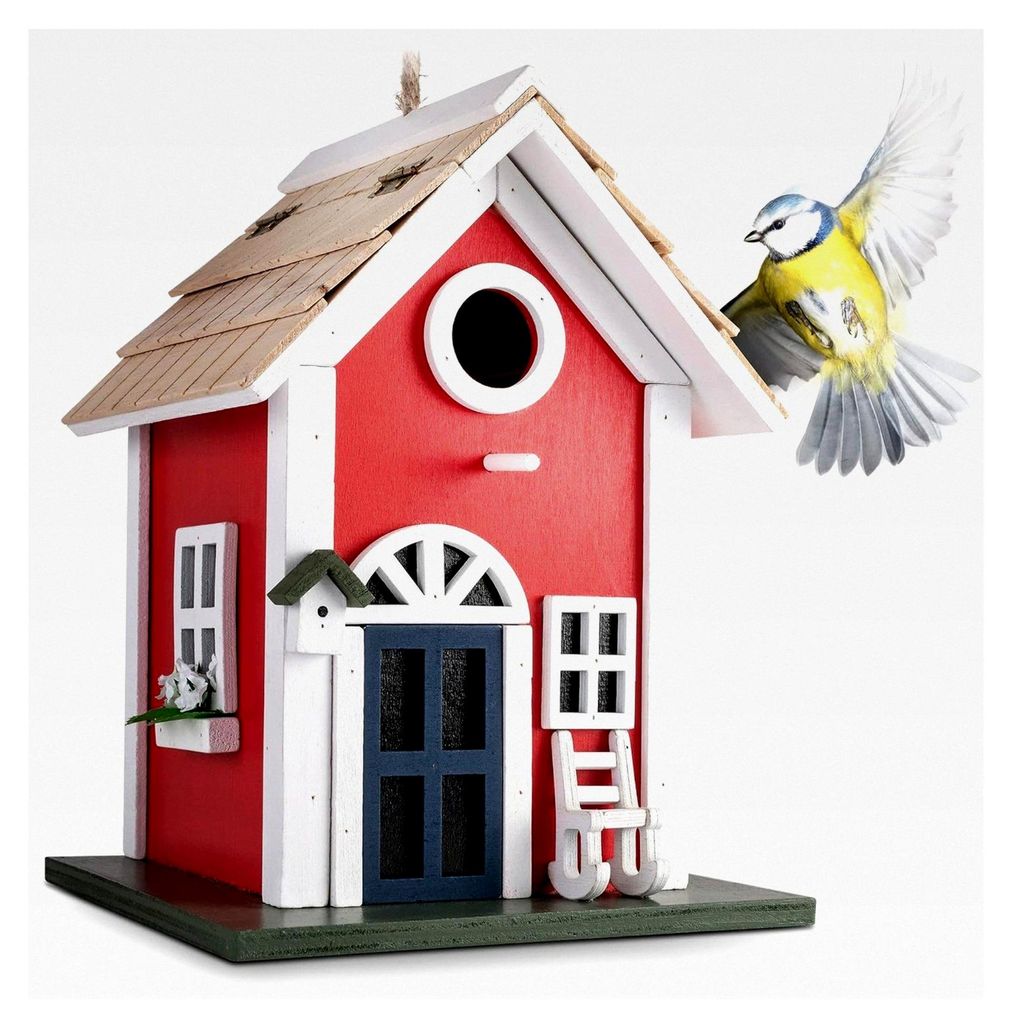 Vogelhaus - Landhaus aus Holz I Dekorativer Nistkasten in Rot I Zum Aufhängen I Vogelfutterhaus im Schwedenhaus-Stil I Nisthilfe für Garten, Balk...