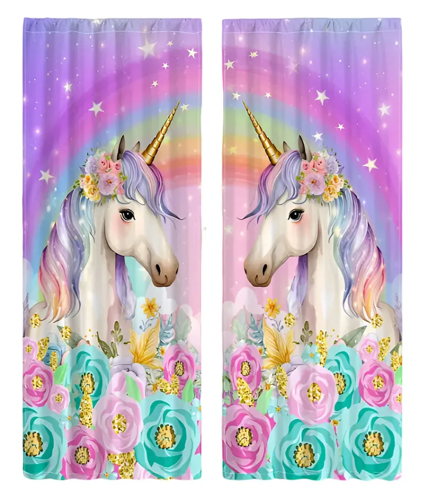 Rideau pour chambre de fille motif licorne et fleurs de 130x210 cm