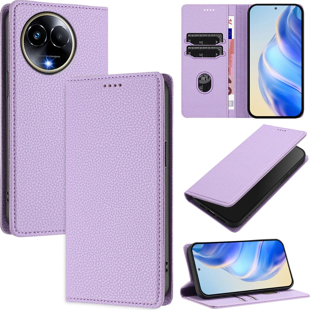 Litchi Leder Handyhülle für Realme 11 5G/Realme Narzo 60x Wallet Kartenfächer Standfunktion Hülle Violett