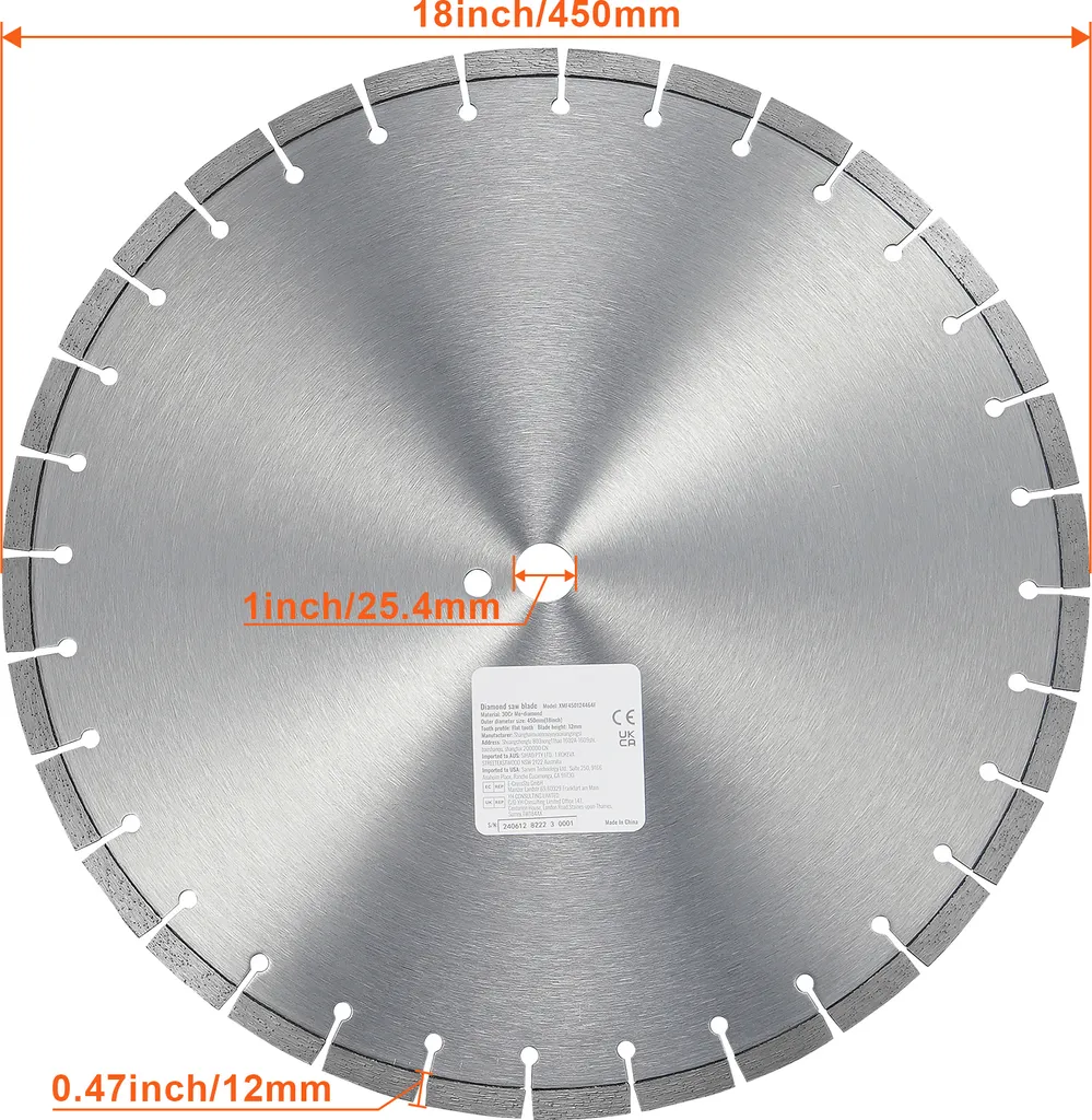 SucceBuy Lama diamantata da 18 pollici/450 mm, lama per calcestruzzo a umido/asciutto, denti piatti da 12 mm, foro centrale universale da 1 pollice/25,4 mm, per calcestruzzo, piastrelle, mattoni, lastre in cemento - 8