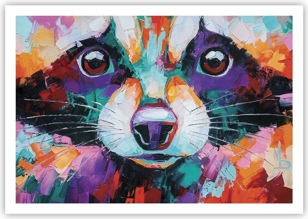 Poster - Poster ohne Rahmen - Waschbär Bunt Öl - 100x70 cm - Wand Bild - Wanddeko - Wandbilder - Kunstposter - Wandposter - Bilder - Kunstdruck -...