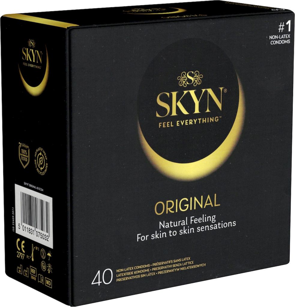 A black box of SKYN Original condoms with gold accents.