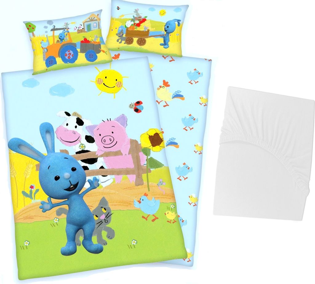 3 tlg Baby Bettwäsche Set - Kikaninchen - Renforcé - 40x60 100x135 cm + 1 Spannbettlaken weiß 60x120 - 70x140 cm