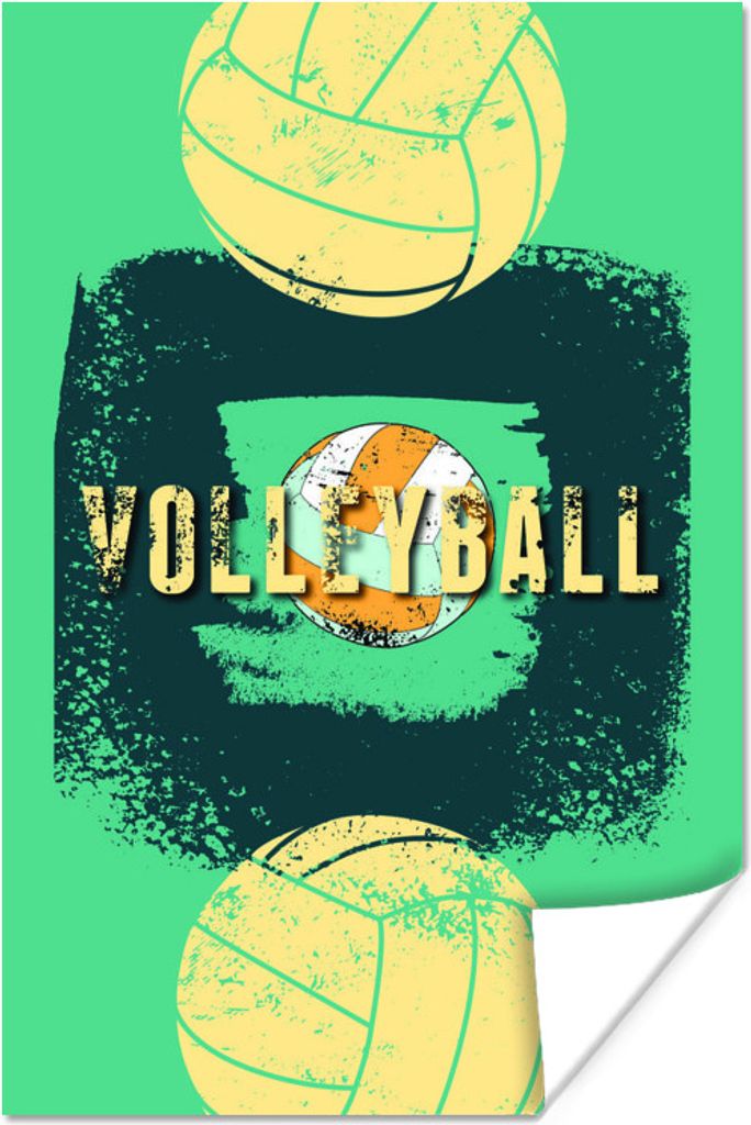 MuchoWow Poster Volleyball Illustration mit Zitat ''Volleyball'' mit verwitterten Elementen 40x60 cm - Plakate für die Wand - Poster Babyzimmer