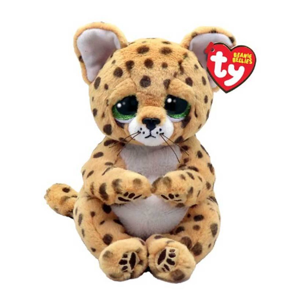 A plush toy cheetah with large green eyes and a Ty Beanie Babies tag.