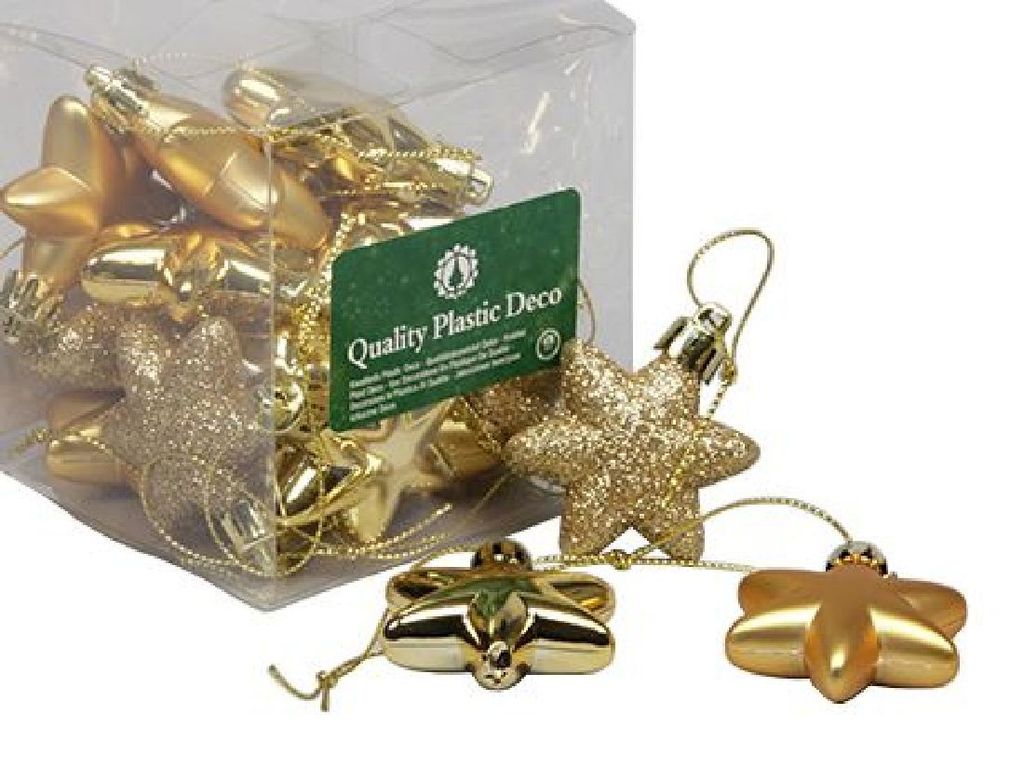 18 Kunststoff-Sterne zum Hängen 50mm Gold-Glimmer Glanz/Matt - 0,40 € pro Stück