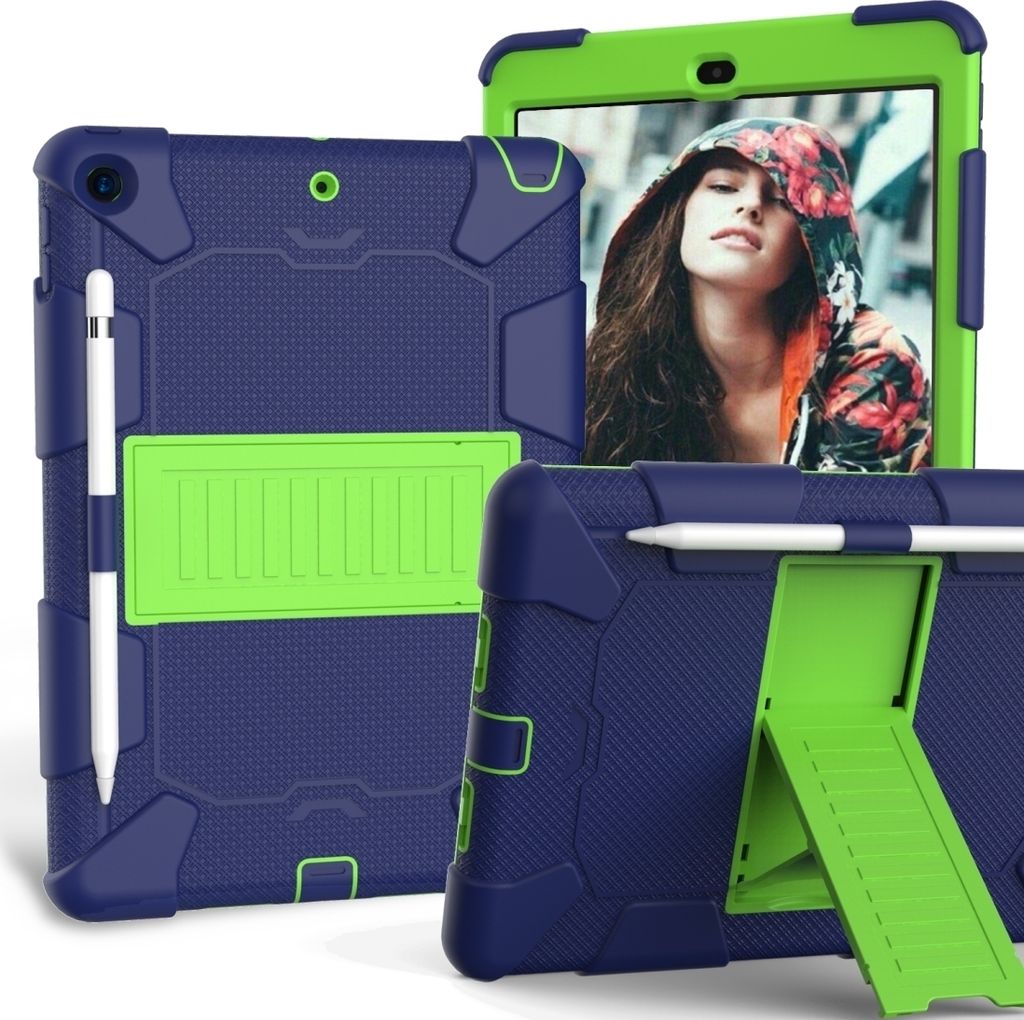 Mobigear ShieldStand iPad 7 (2019) Hülle Kunststoff,Silikon Backcover + Stifthalter + Ständer - Blau / Grün
