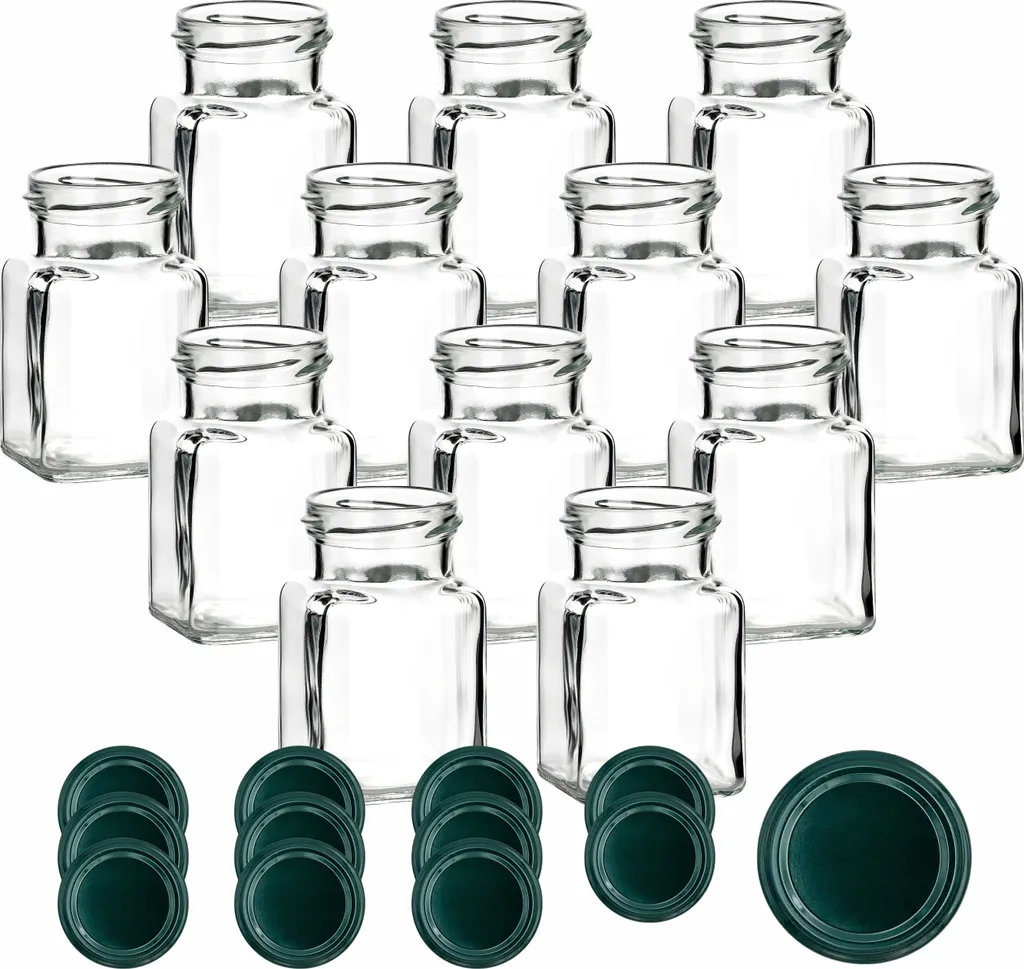 12 Vasetti Vetro Quadrati 150ml Tappo Verde - Organizer Spezie e Conserve