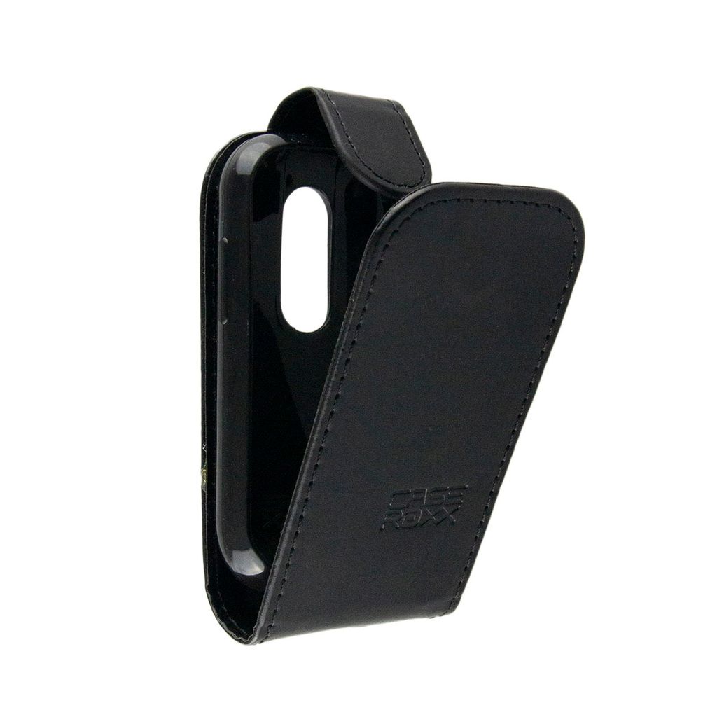 A black leather flip case for a smartphone, shown from the side with the flap open.
